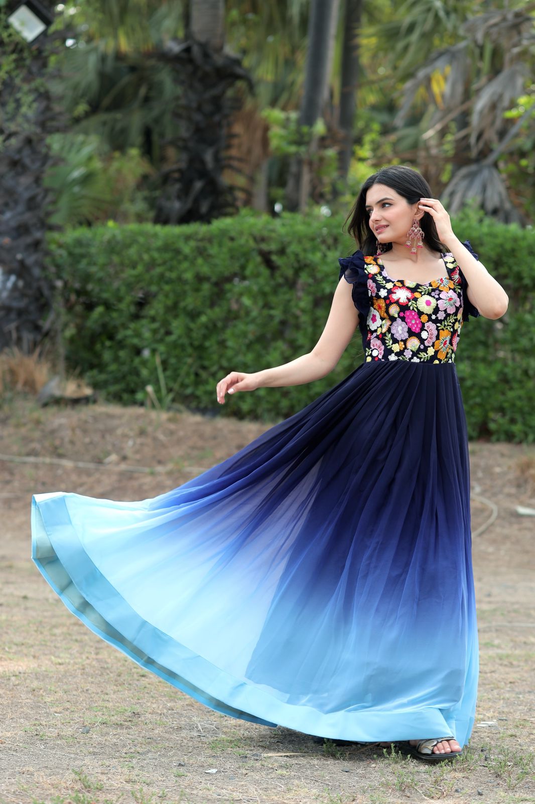 RF - Aqua Blue color Georgette Gown Dress. - Indian
